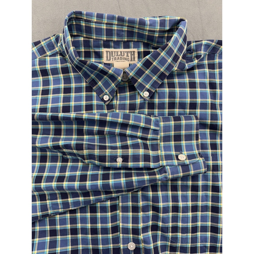 Duluth Trading Co Shirt Mens 2XL Blue Green Plaid‎ Button Down Long Sleeve Blue